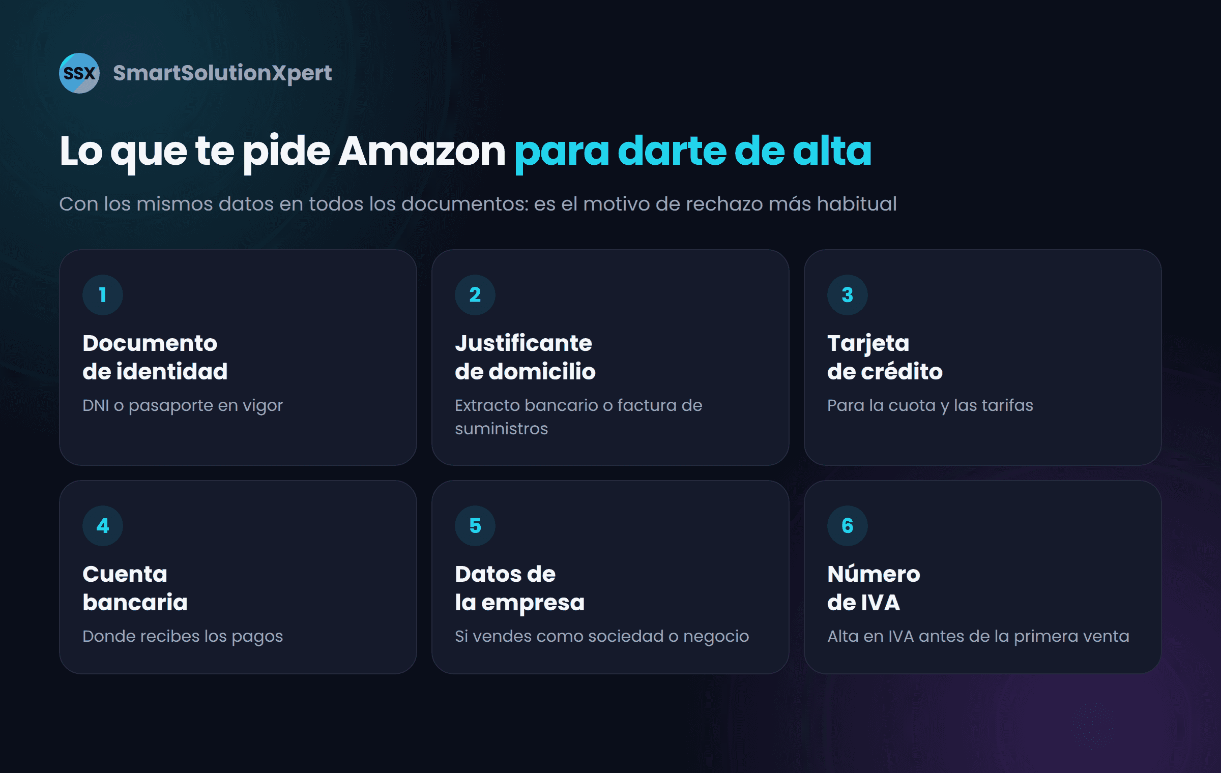Lo que pide Amazon para darte de alta como vendedor: documento de identidad, justificante de domicilio, tarjeta de crédito, cuenta bancaria, documentación de la empresa y número de IVA